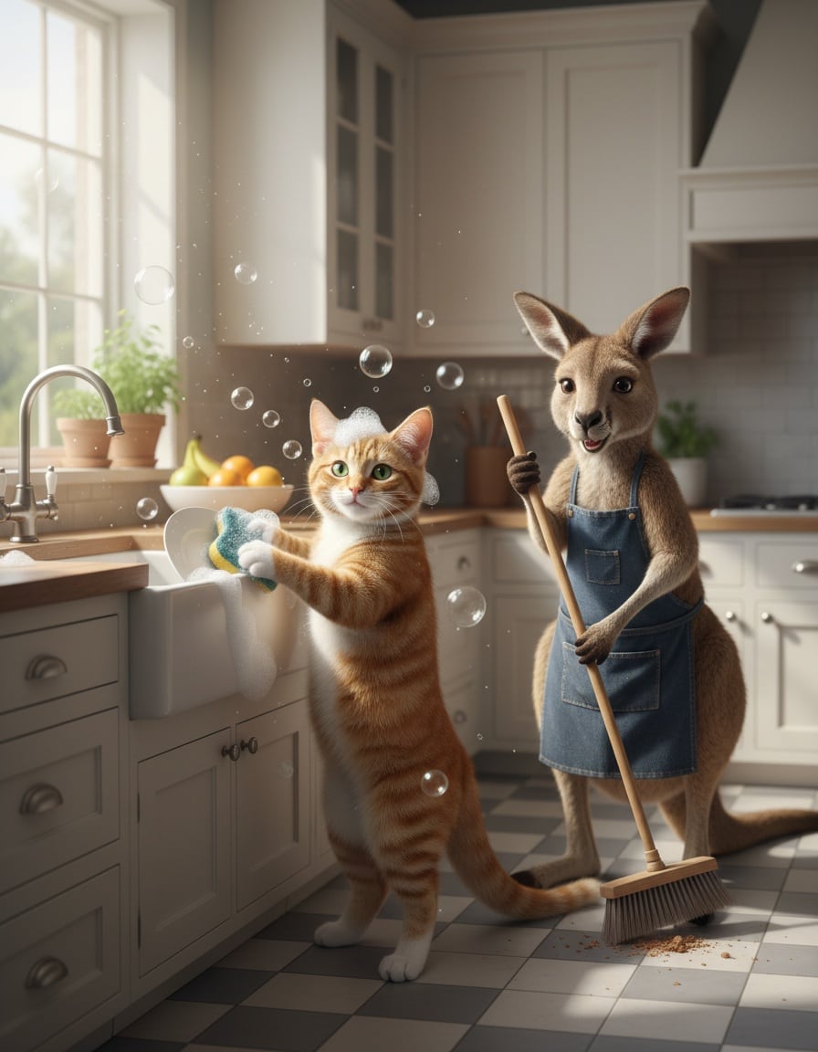 A ginger cat washes dishes in a kitchen while a kangaroo sweeps the floor.