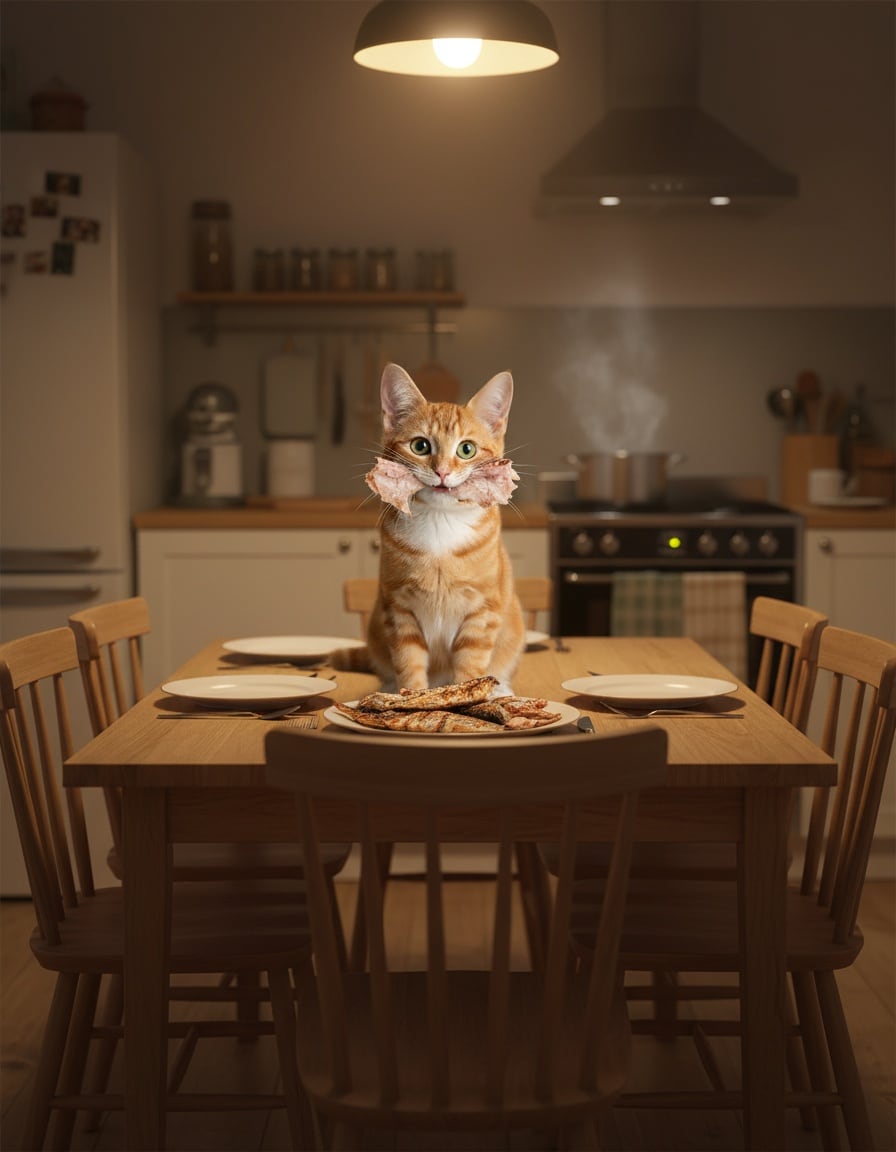 A ginger tabby cat stands on a dining table eating a plate of fish before anyone sits down.