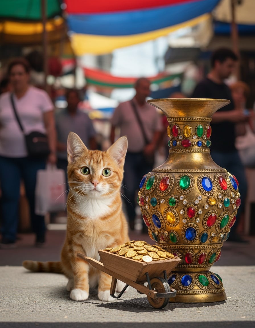 A ginger cat pushes a wheelbarrow full of coins toward a very tall, gaudy golden vase at a market.