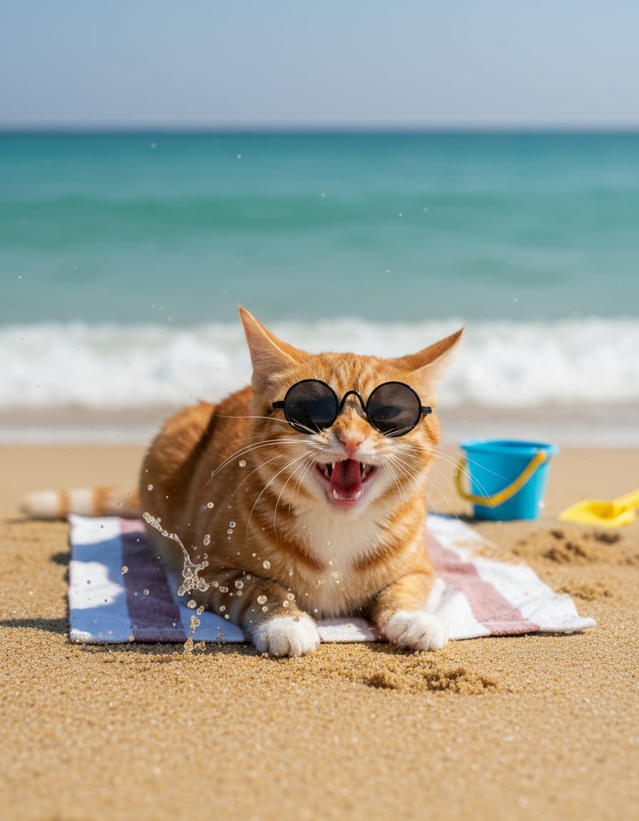 A happy ginger cat in sunglasses gets splashed by a wave while sunbathing on a beach towel.