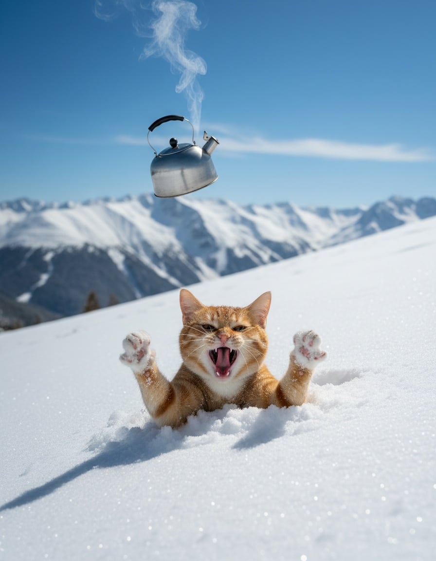 A ginger tabby cat stuck in deep snow shouts while tossing a steaming kettle into the air.