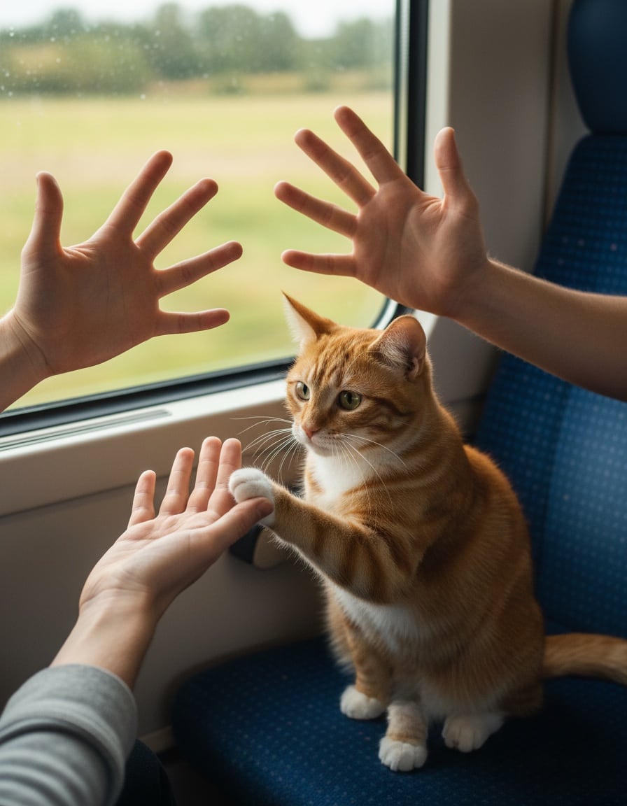 A ginger cat on a train seat taps the fingers of two open human hands.