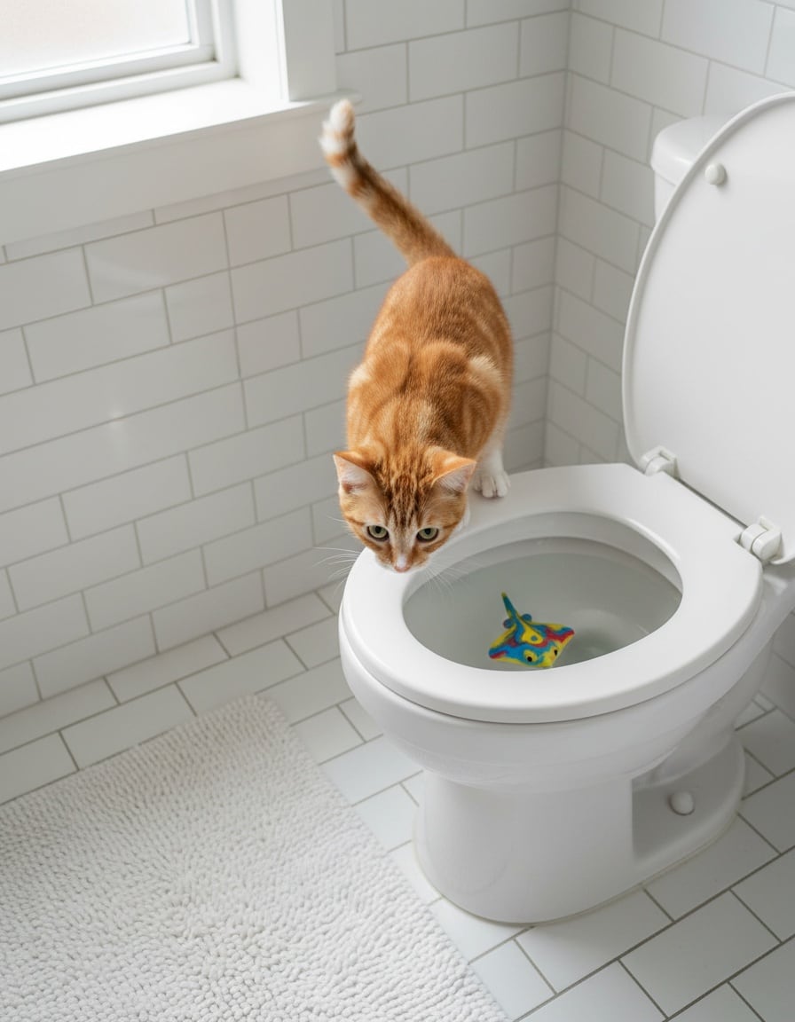 A ginger cat on the rim of a toilet looks down at a floating toy stingray.