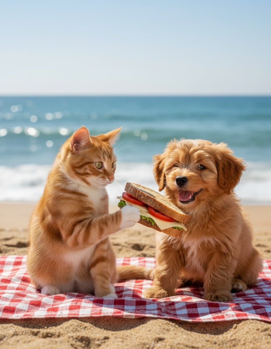 A ginger tabby cat shares half a tomato and cheese sandwich with a puppy on a beach blanket.