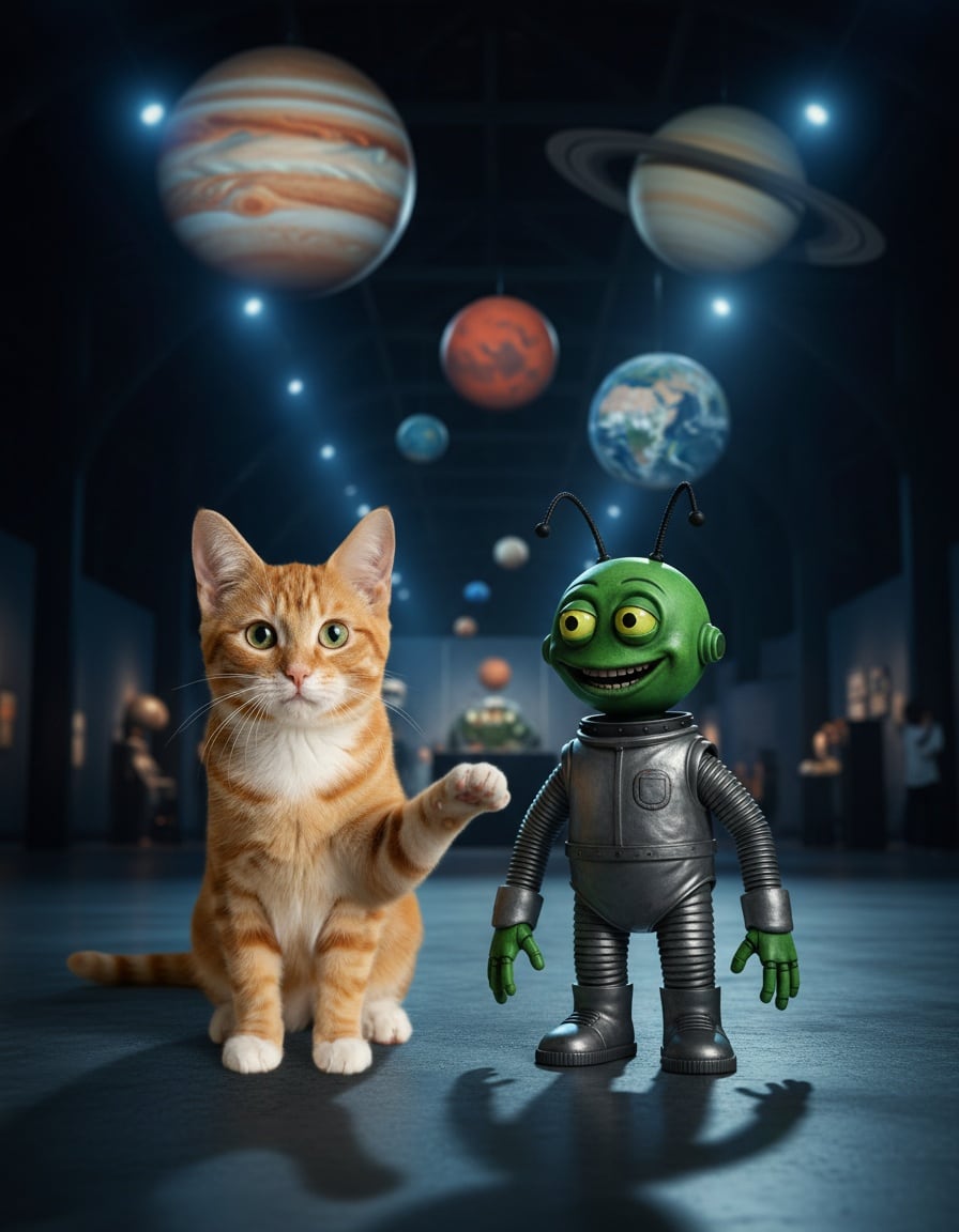 A confused ginger tabby cat tilts its head at a goofy green Martian model in a space museum.