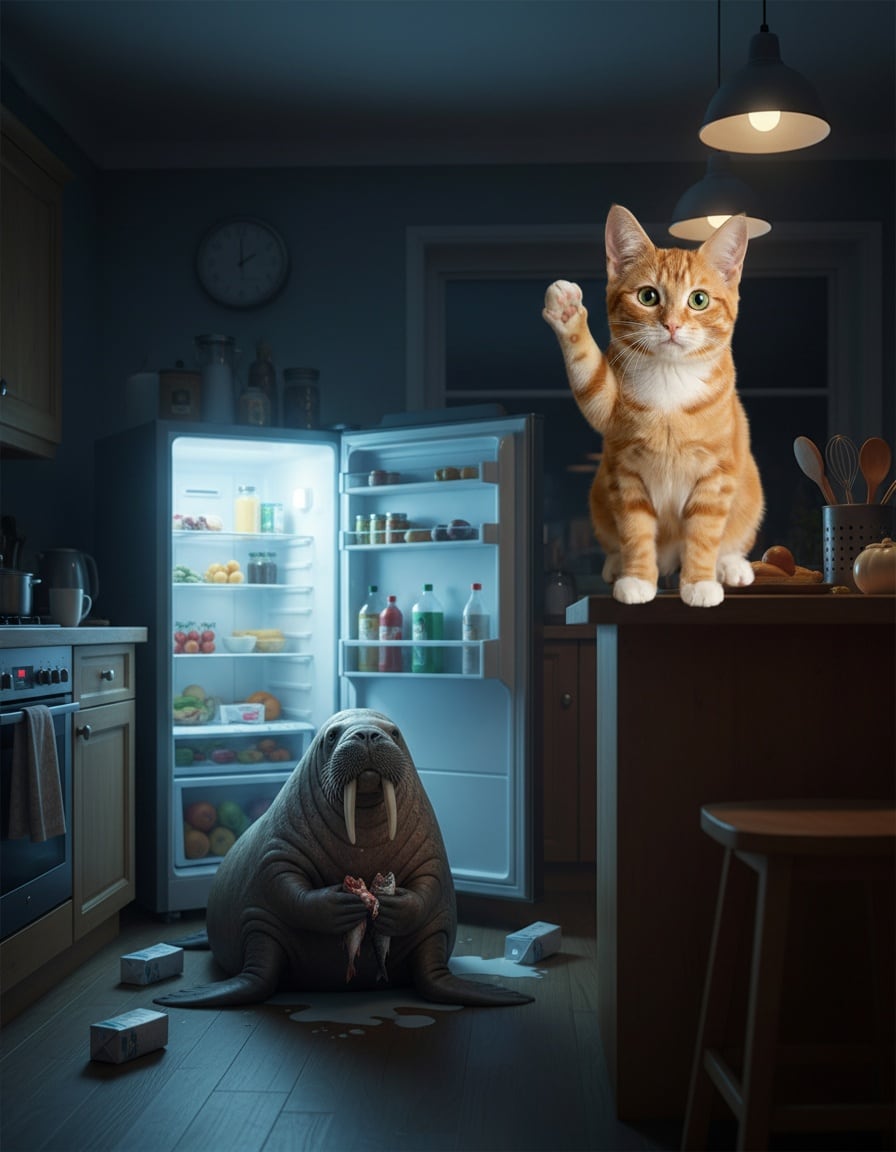 A ginger tabby cat scolds a guilty walrus caught eating fish from an open fridge.