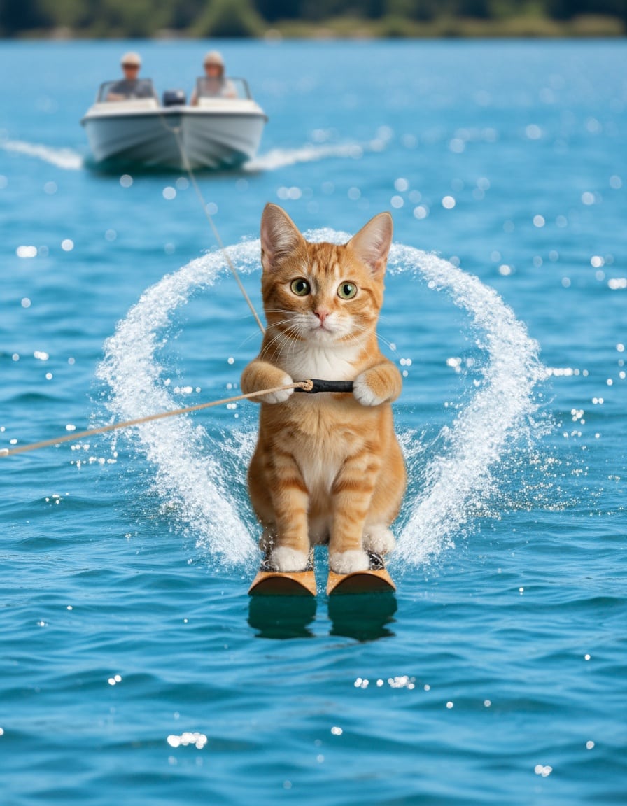 A ginger tabby cat water-skis across a lake while pointing proudly at herself.
