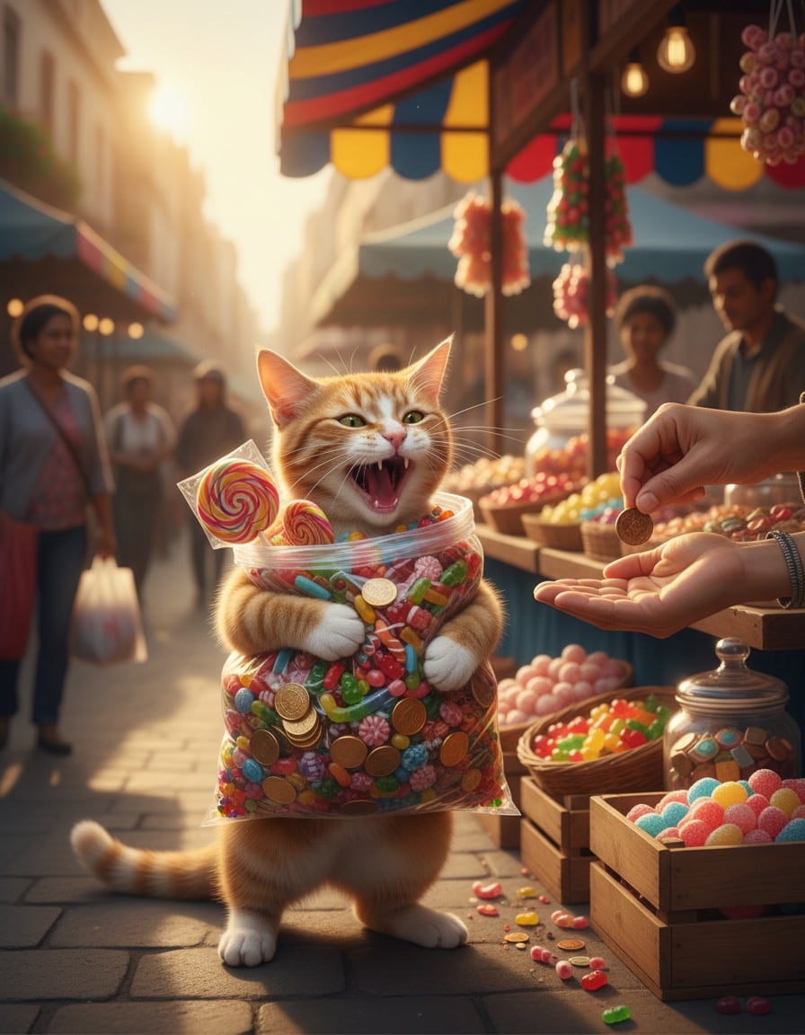 A ginger tabby cat at a market candy stall happily hugs a huge bag of candy while paying with one small coin.