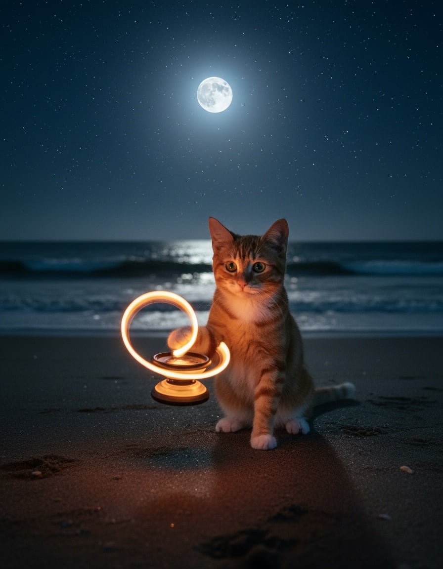 A ginger tabby cat plays with a glowing yo-yo on a beach at night under the moon.