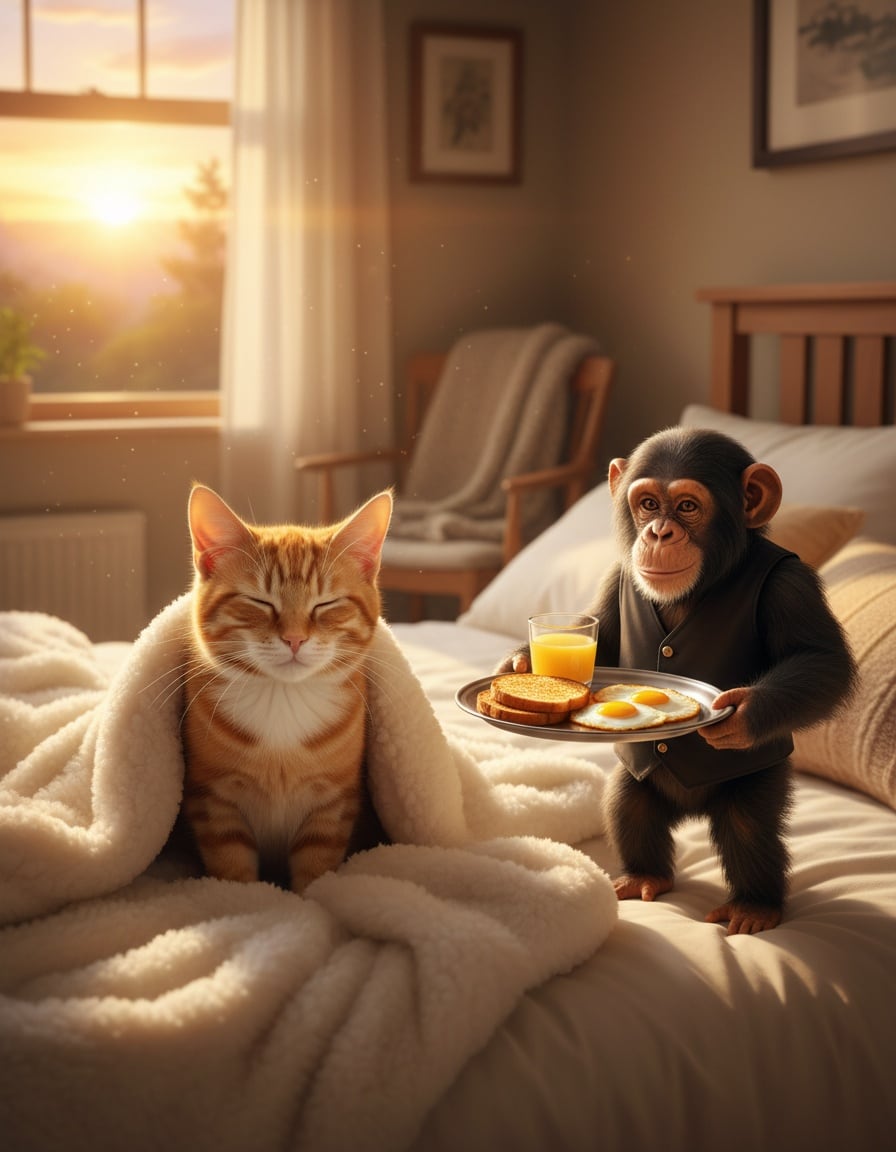 A sleepy ginger cat in bed receives a breakfast tray from a chimpanzee as the morning sun rises.
