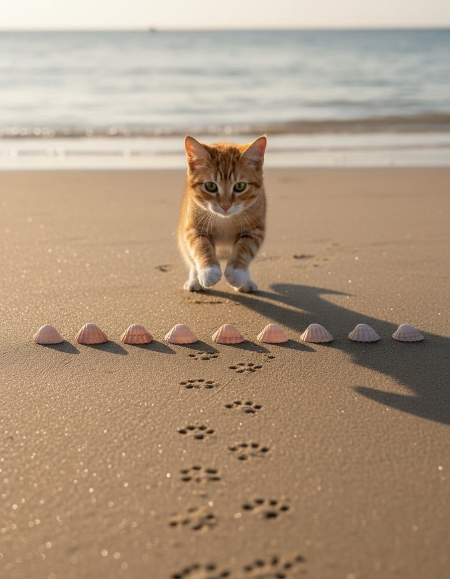 A ginger cat hops along a beach beside a row of nine seashells.