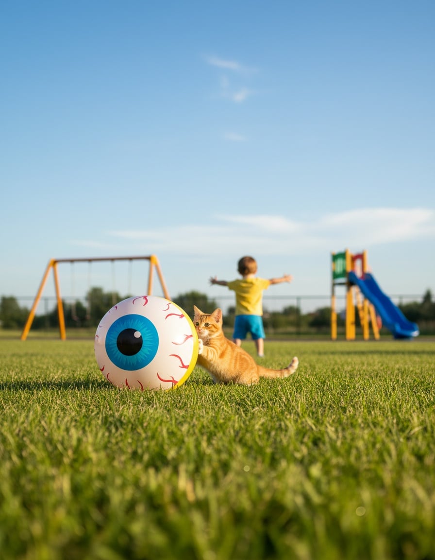 A ginger cat rolls a giant eyeball-shaped ball toward a small child at a sunny playground.