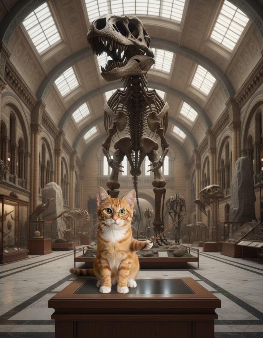 A ginger tabby cat in glasses points knowingly at a dinosaur skeleton in a museum.