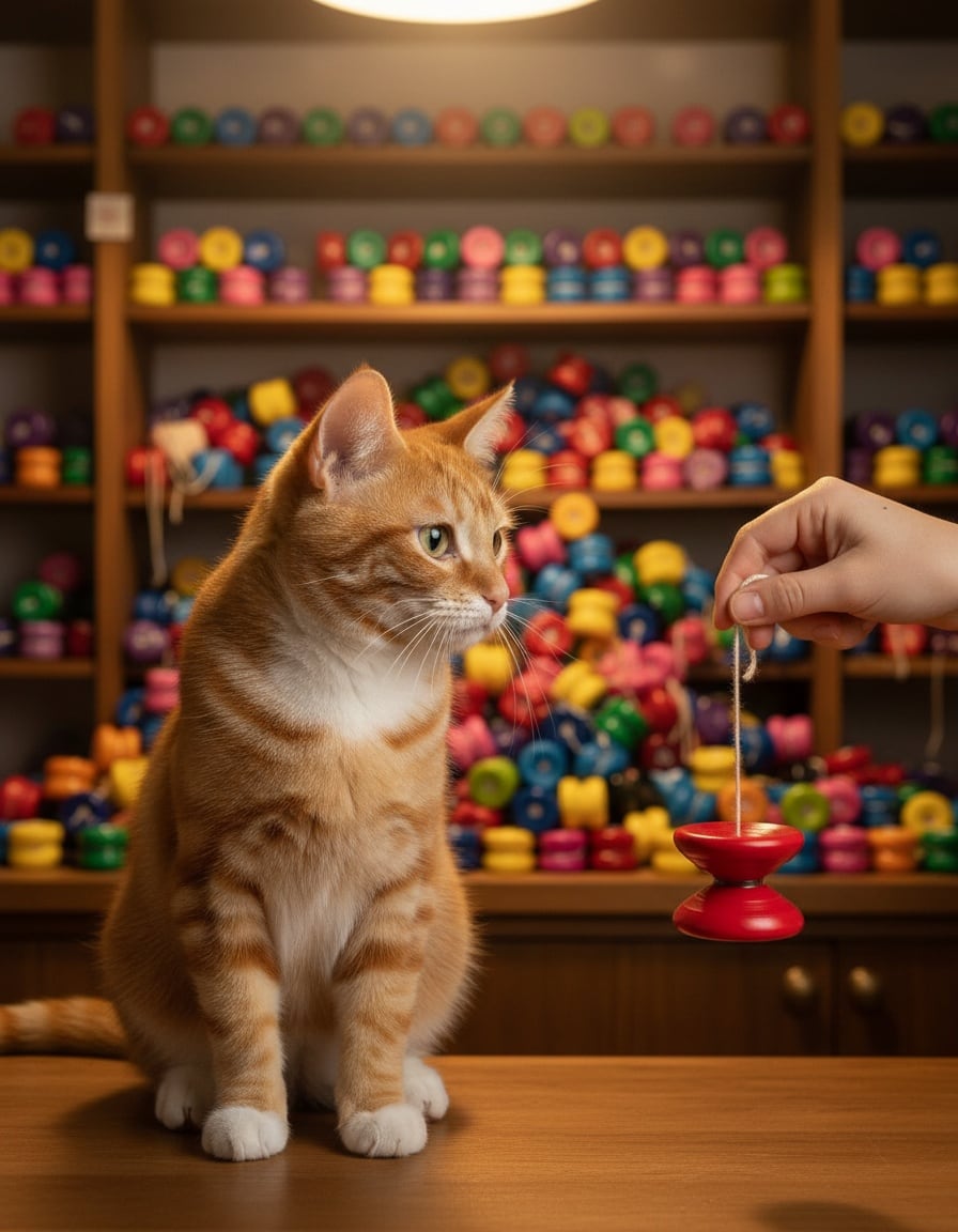A ginger cat on a toy shop counter turns away from a yo-yo offered by a hand, in front of a pile of yo-yos.