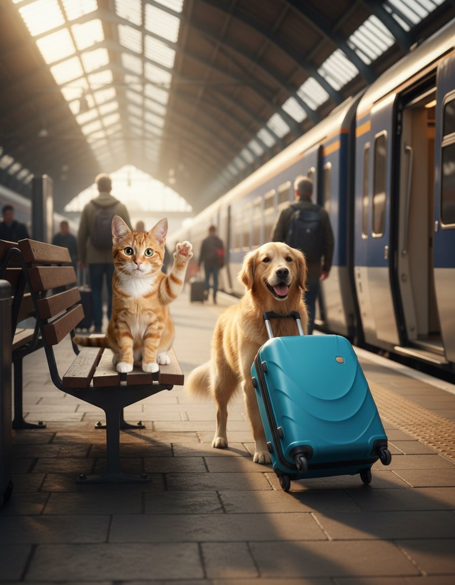 A ginger cat on a train platform waves goodbye to a dog pulling a big blue suitcase onto a train.