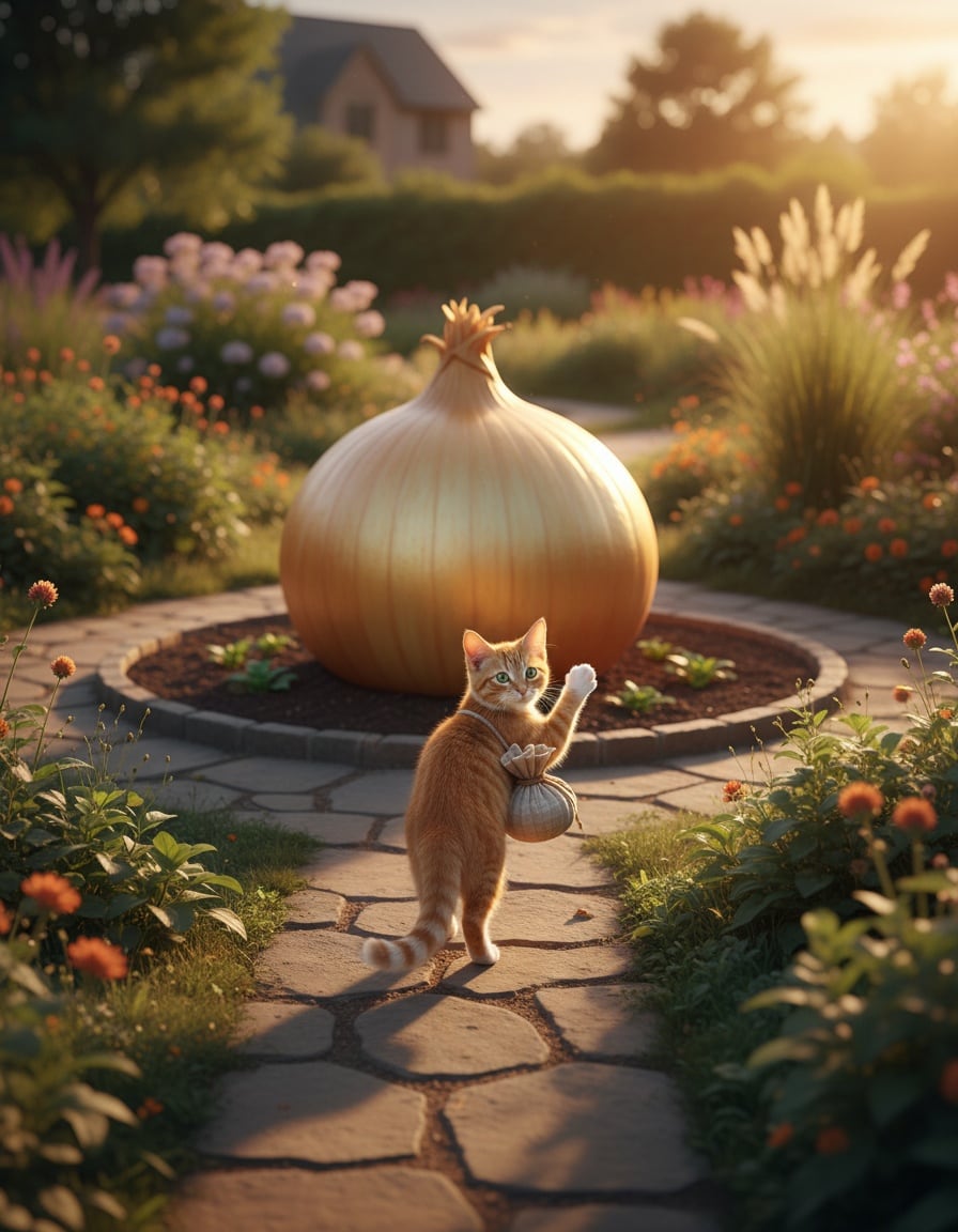 A ginger cat walks away down a garden path, waving goodbye to a giant onion in a vegetable bed.