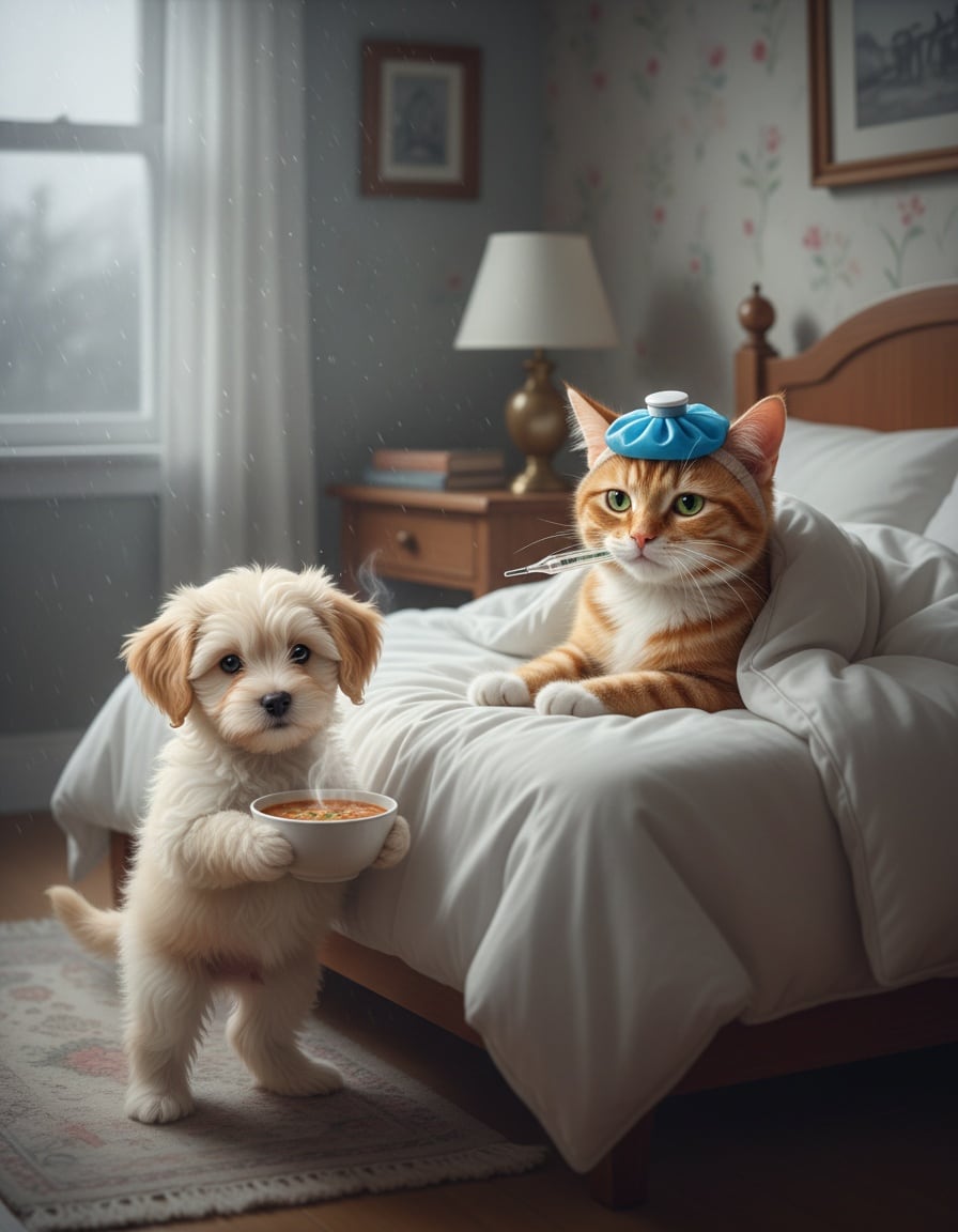 A sick ginger tabby cat lies in bed with a thermometer while a puppy brings soup.