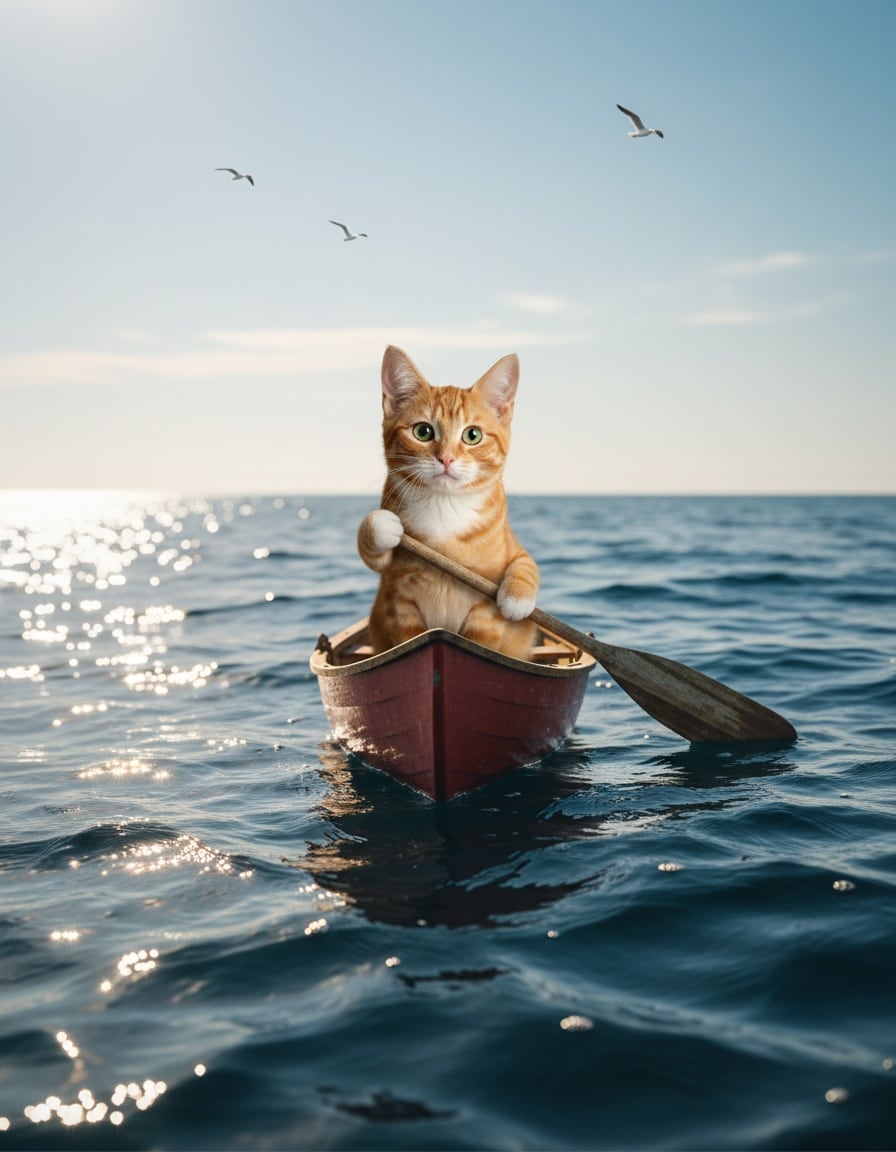 A ginger tabby cat paddles a small red canoe on a wide open blue sea.
