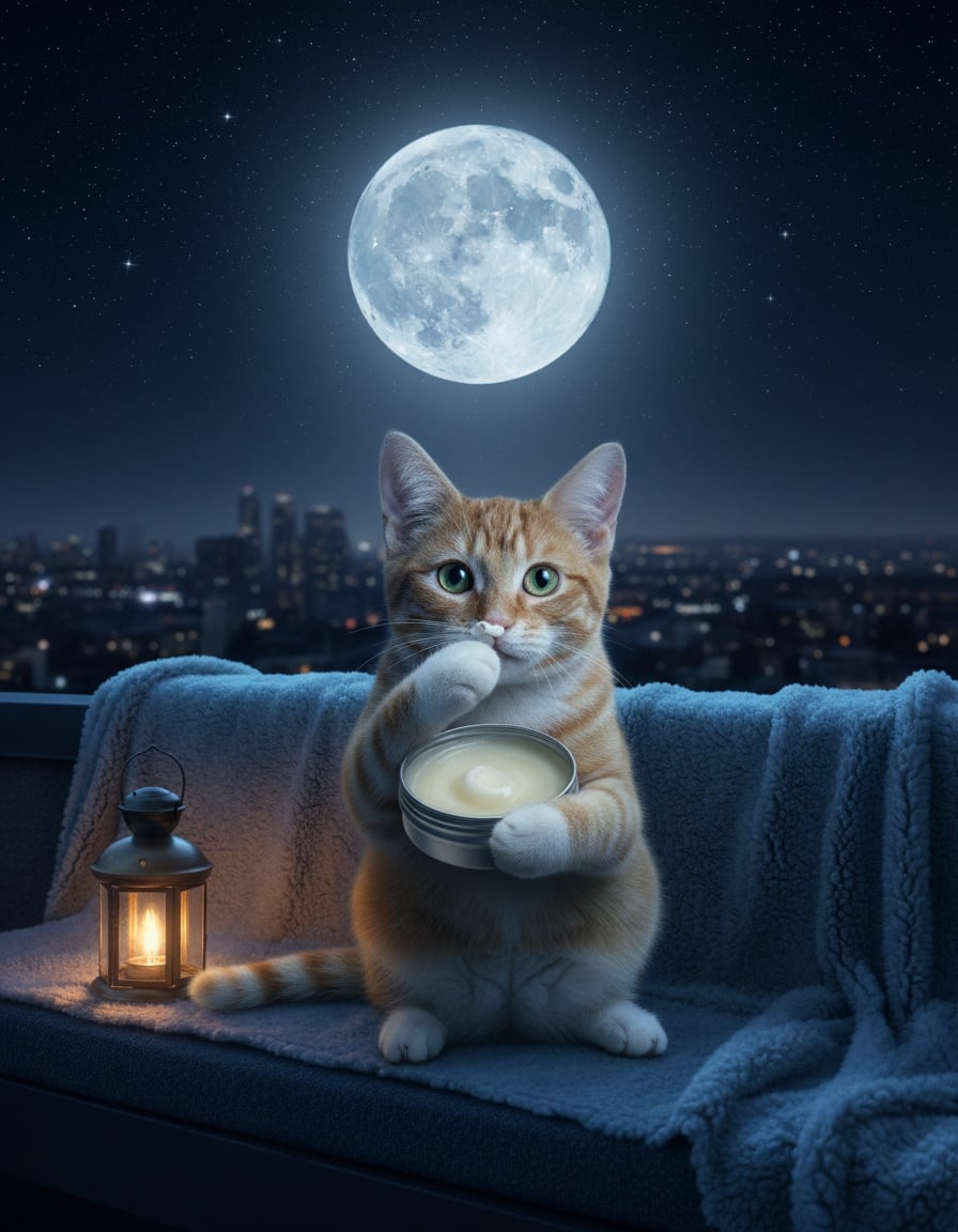 A ginger tabby cat dabs balm from a big tin onto her nose on a rooftop under a full moon and stars.