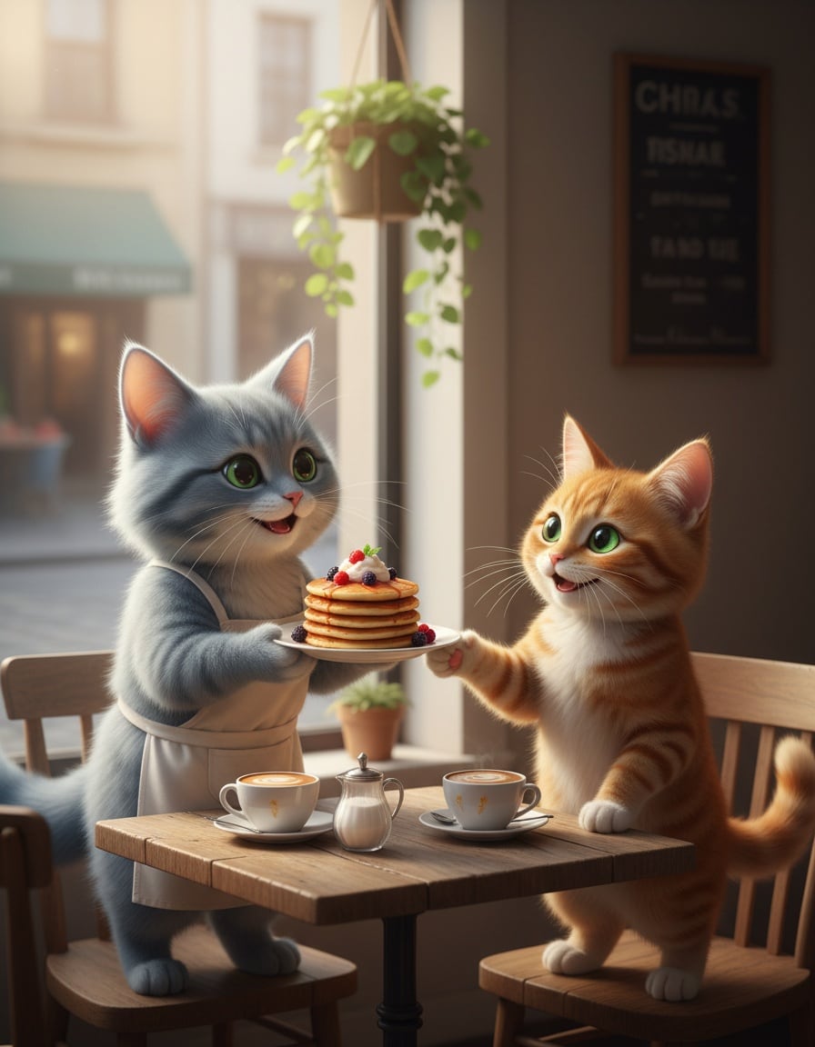 A ginger cat offers pancakes and shakes paws with a grey cat at a café table.