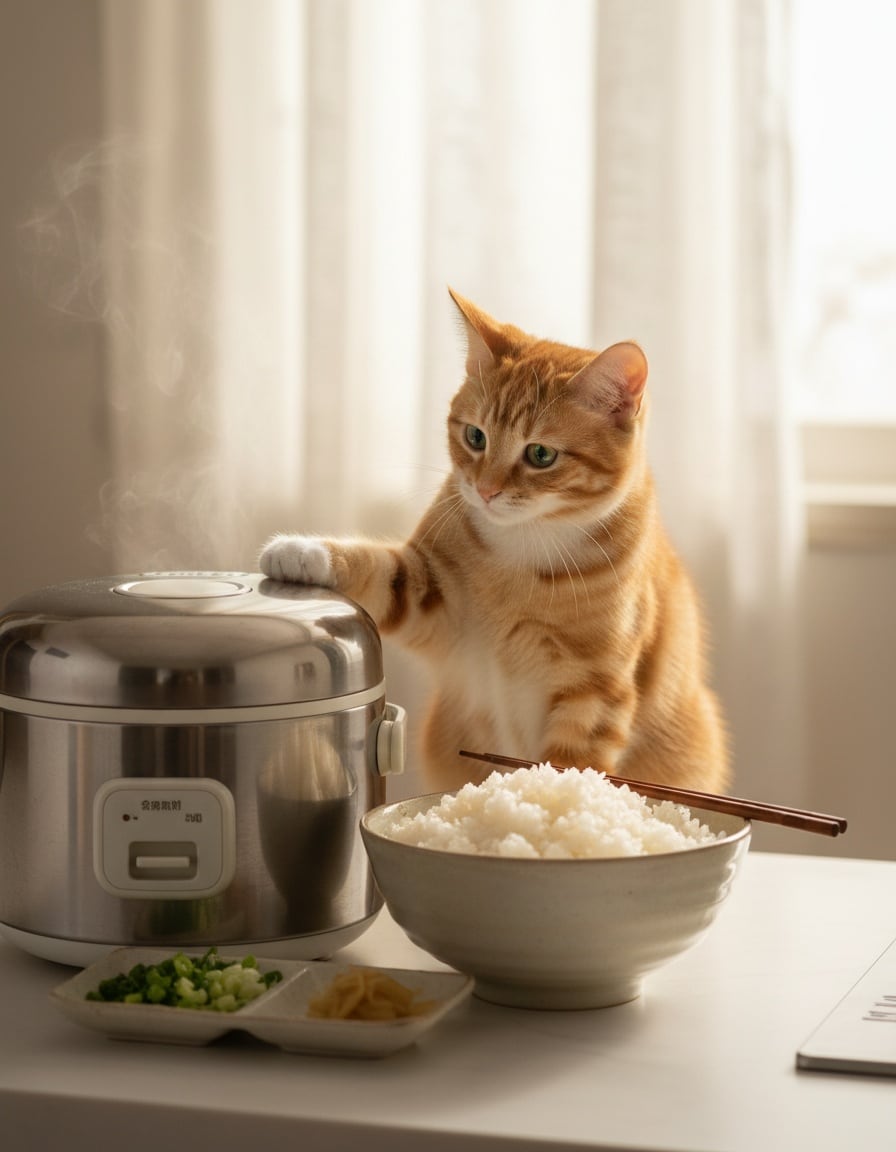 A ginger tabby cat taps a rice cooker lid beside a steaming bowl of white rice on a kitchen counter.