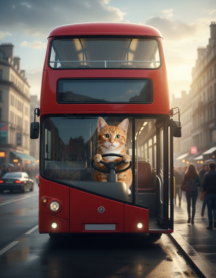 A ginger tabby cat drives a big red city bus down a busy street.