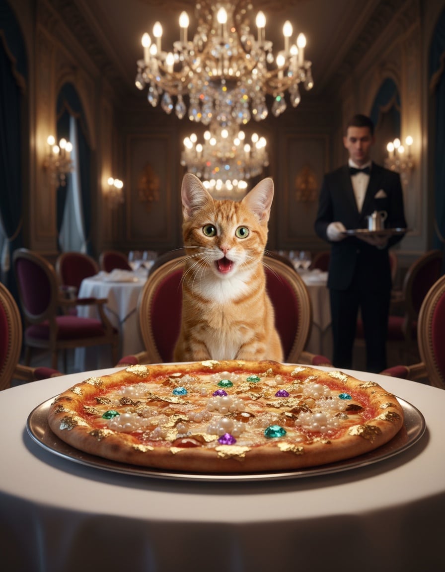 A ginger cat stares in shock at a luxurious pizza covered in gold leaf and pearls in a fancy restaurant.