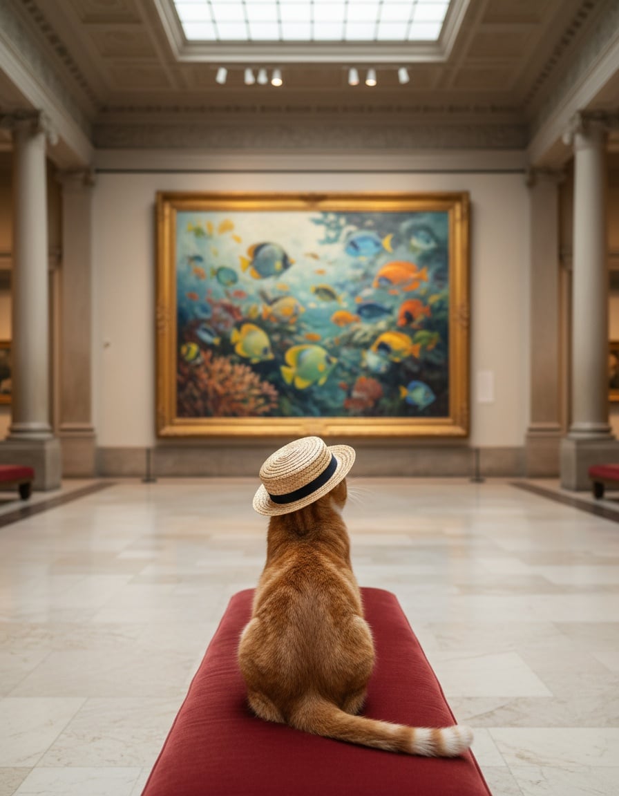 A ginger tabby cat in a straw boater hat sits in a museum gazing up at a large painting of fish.