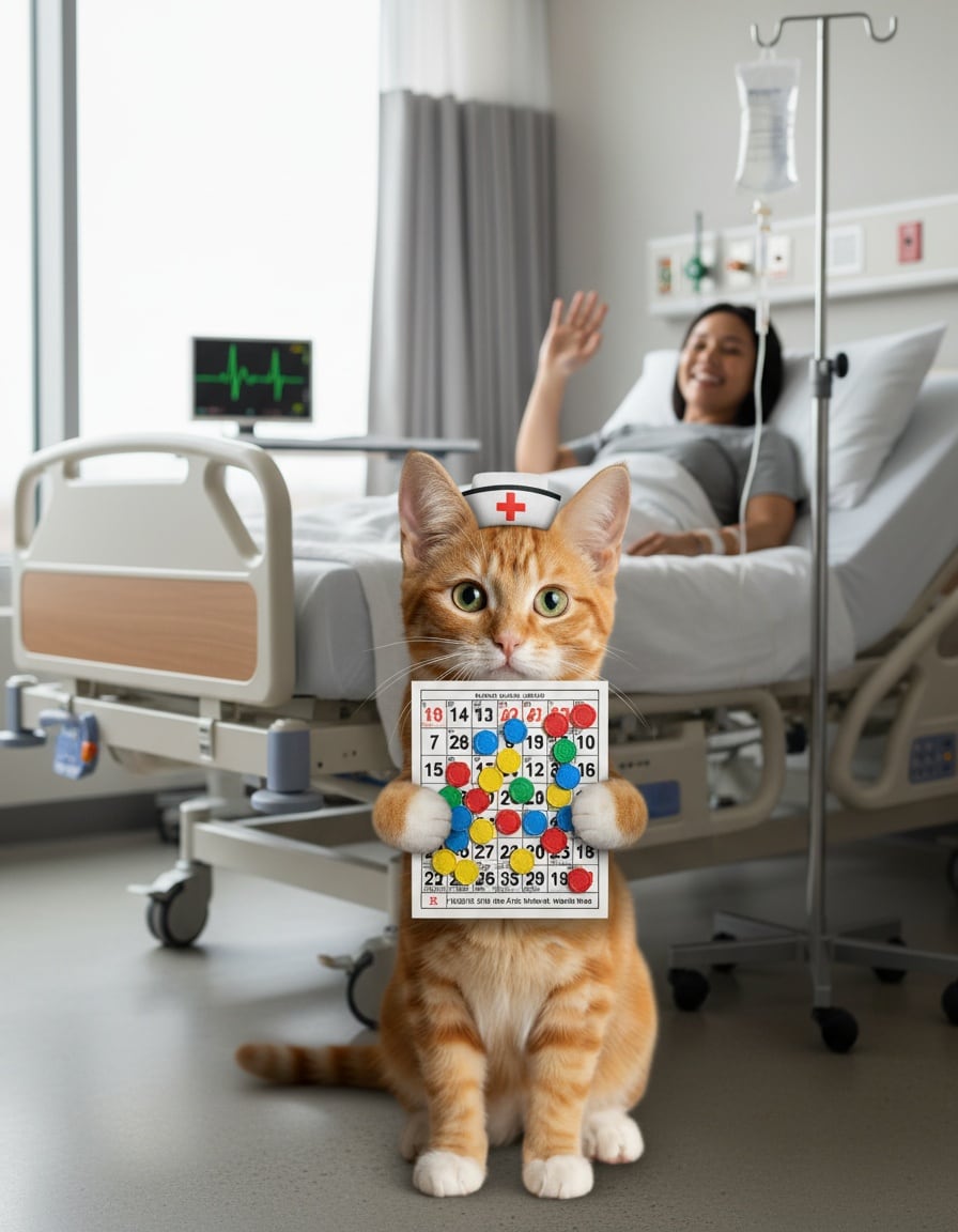 A ginger tabby cat in a nurse cap holds up a bingo card beside a hospital bed.