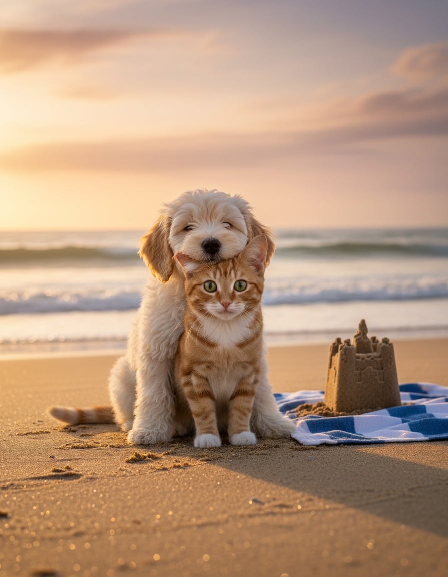 A ginger tabby cat and a fluffy puppy cuddle on a beach, the puppy resting its chin on the cat's head.