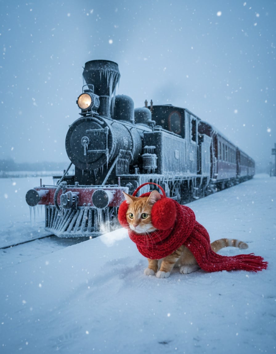 A shivering ginger cat in a scarf waits on a snowy platform as an icy steam train arrives.