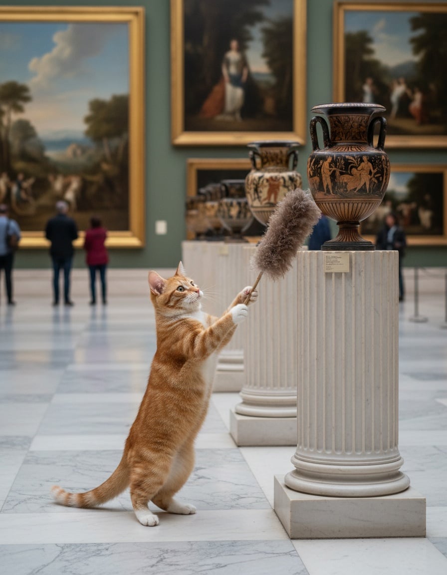 A ginger cat with a feather duster cleans five vases in a row in a museum.