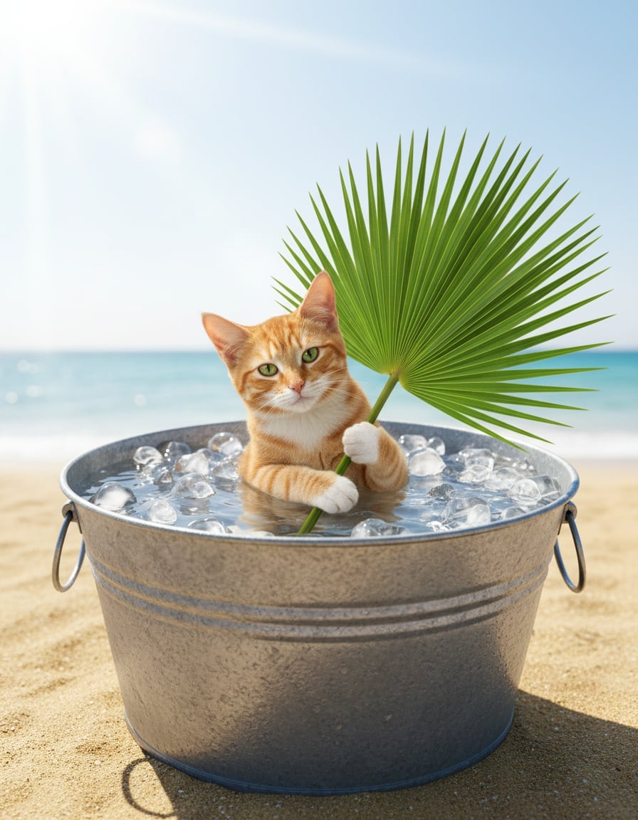 A ginger tabby cat cools off in a tub of ice on a hot sunny beach, fanning herself with a leaf.
