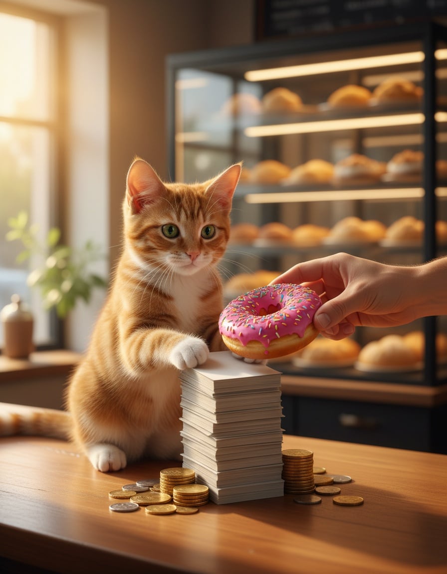 A ginger tabby cat on a bakery counter pushes a big pile of money toward a hand holding a donut.