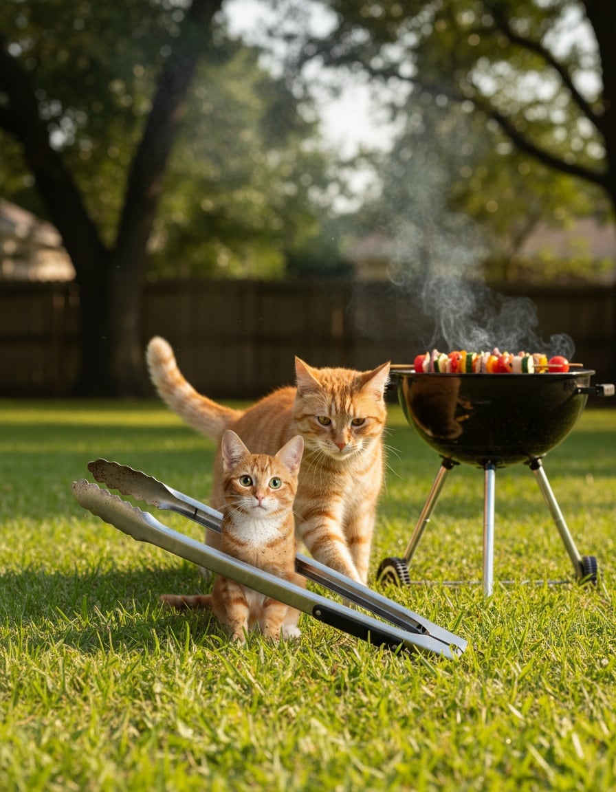 A tiny kitten runs off with barbecue tongs while his bigger ginger tabby sister follows him across a garden.