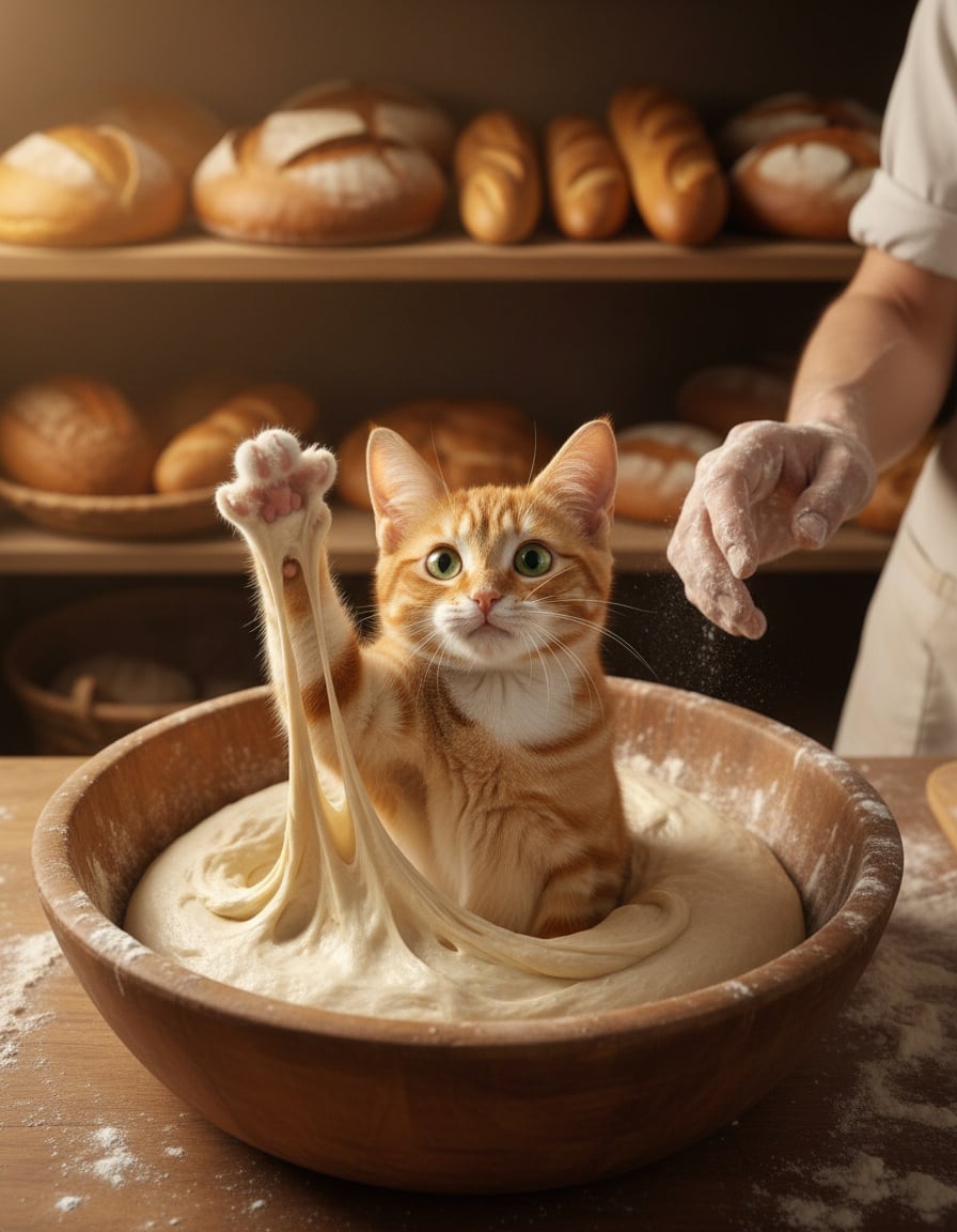 A ginger cat stuck in a huge bowl of bread dough raises a floury paw for help in a bakery.