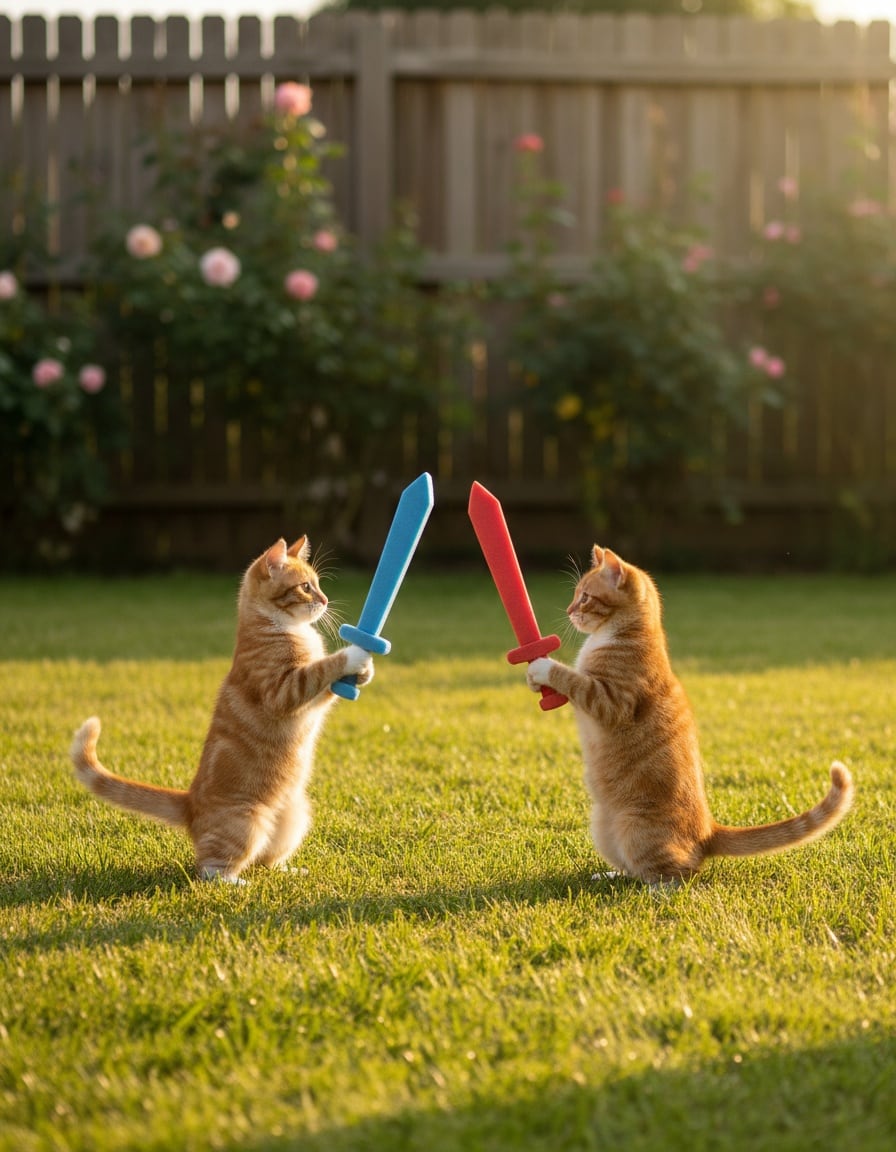 A ginger tabby cat and one other cat face each other with foam swords on a sunny garden lawn.