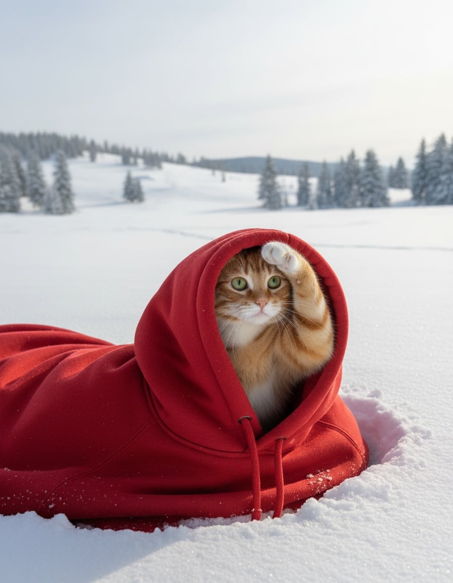 A ginger cat peeks out of a giant red hoodie on an empty snowy hill, shading her eyes to look around.