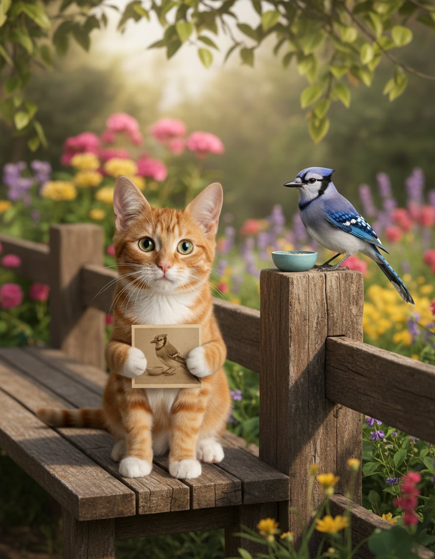 A ginger cat looks at an old photo of a blue jay eating his food while the jay sits nearby.