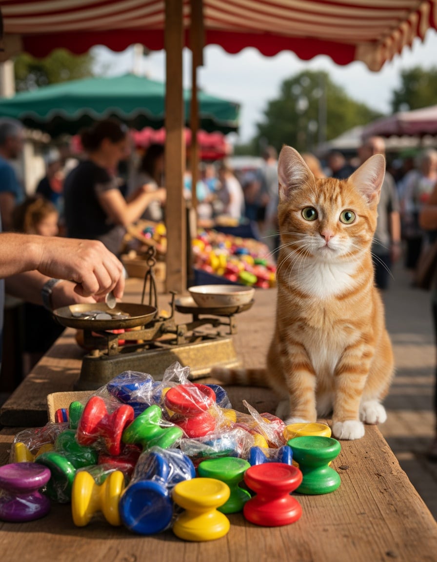A ginger cat on a market counter next to a pile of colourful yo-yos looks questioningly at a seller's hand holding coins.