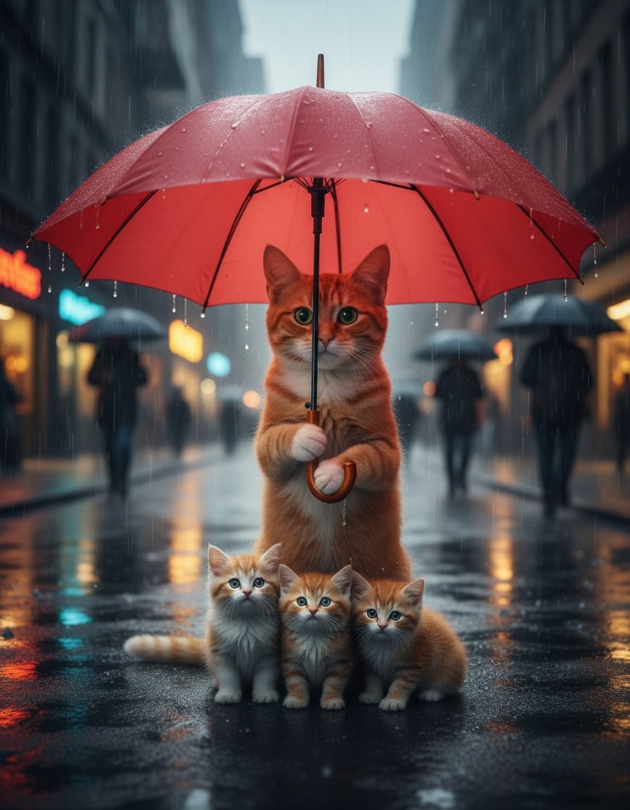 A ginger tabby cat holds a large red umbrella over three kittens on a rainy city street.