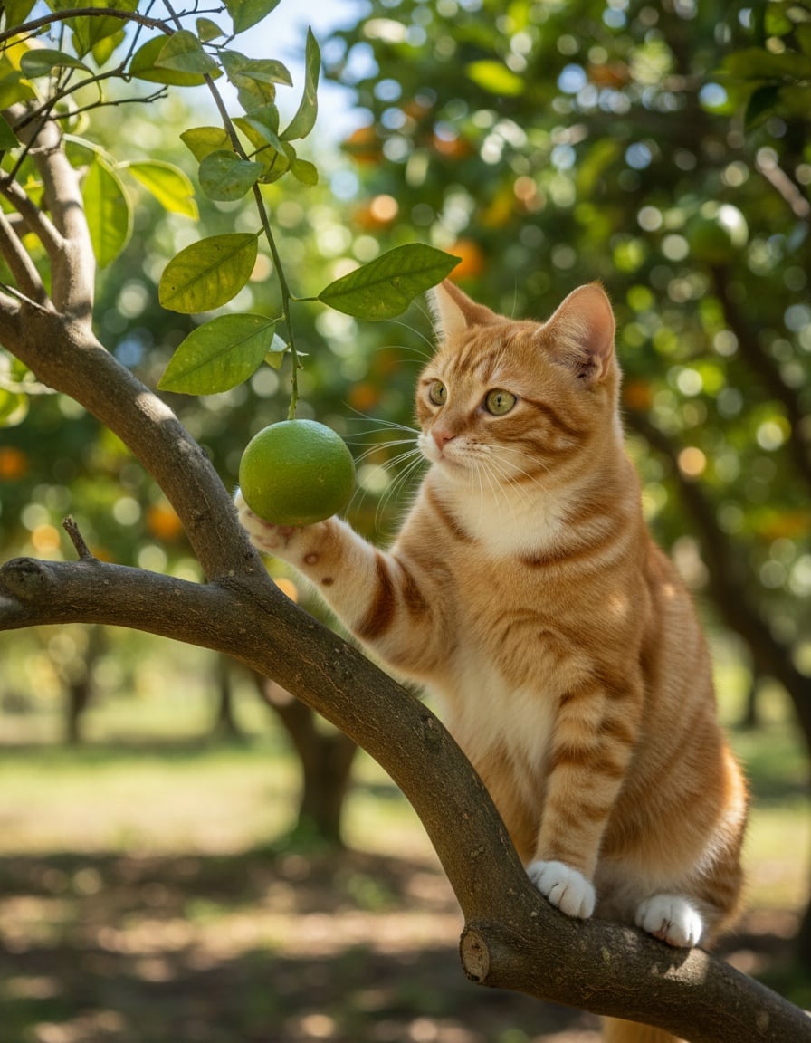 A ginger tabby cat on a branch looks impatiently at a small unripe green orange.