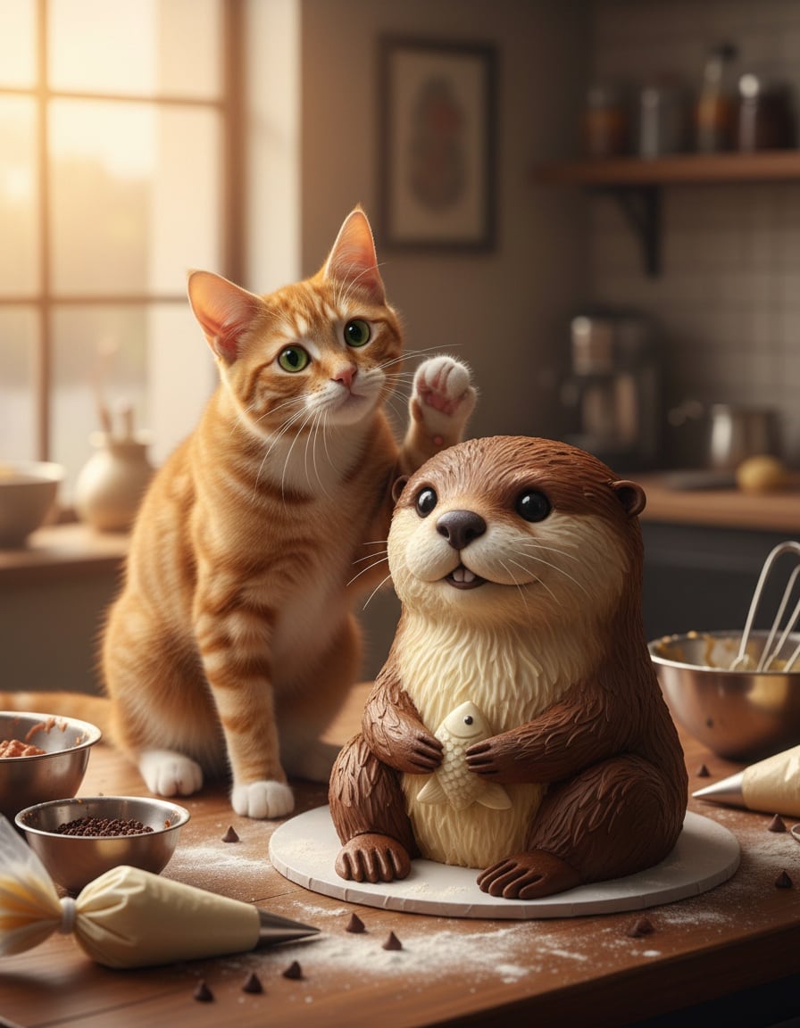 A puzzled ginger tabby cat scratches her head beside a large cake shaped like an otter in a bakery.