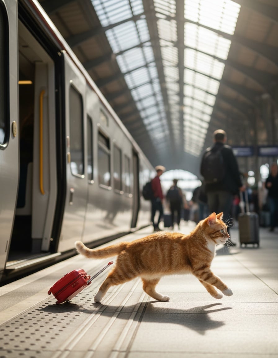 A ginger tabby cat runs along a train platform pulling a small red suitcase toward a waiting train.