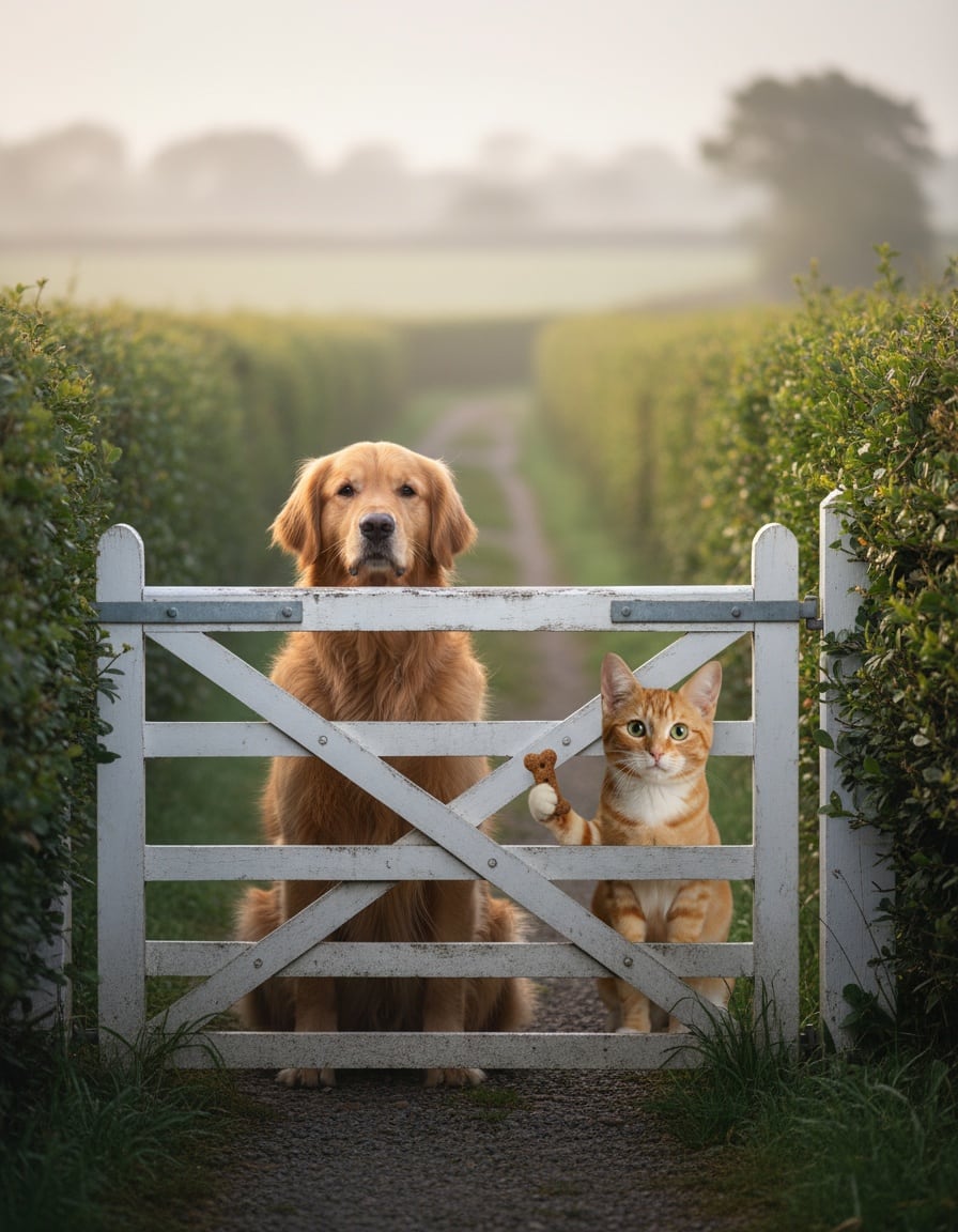 A ginger tabby cat offers a biscuit to a big fluffy dog sitting behind a wooden farm gate.