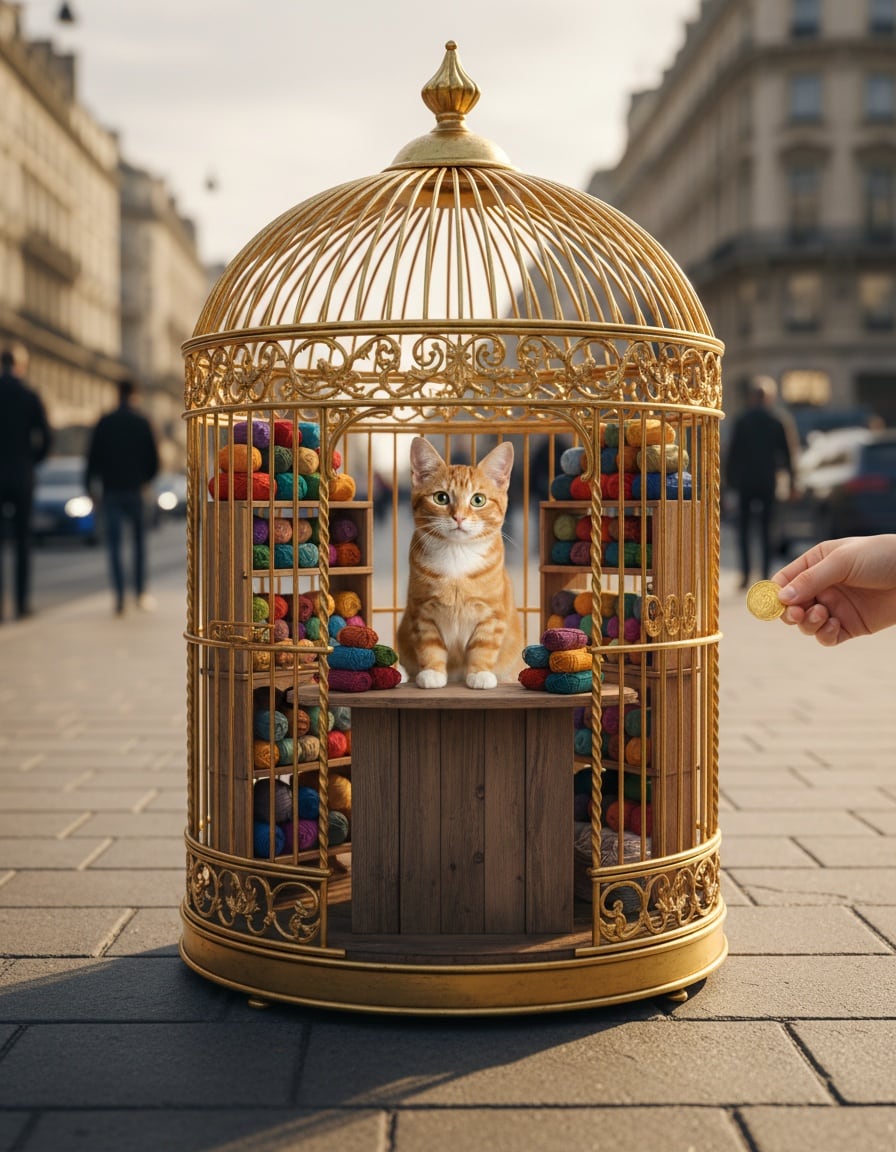 A ginger cat runs a little yarn shop inside a giant golden birdcage on a city sidewalk.
