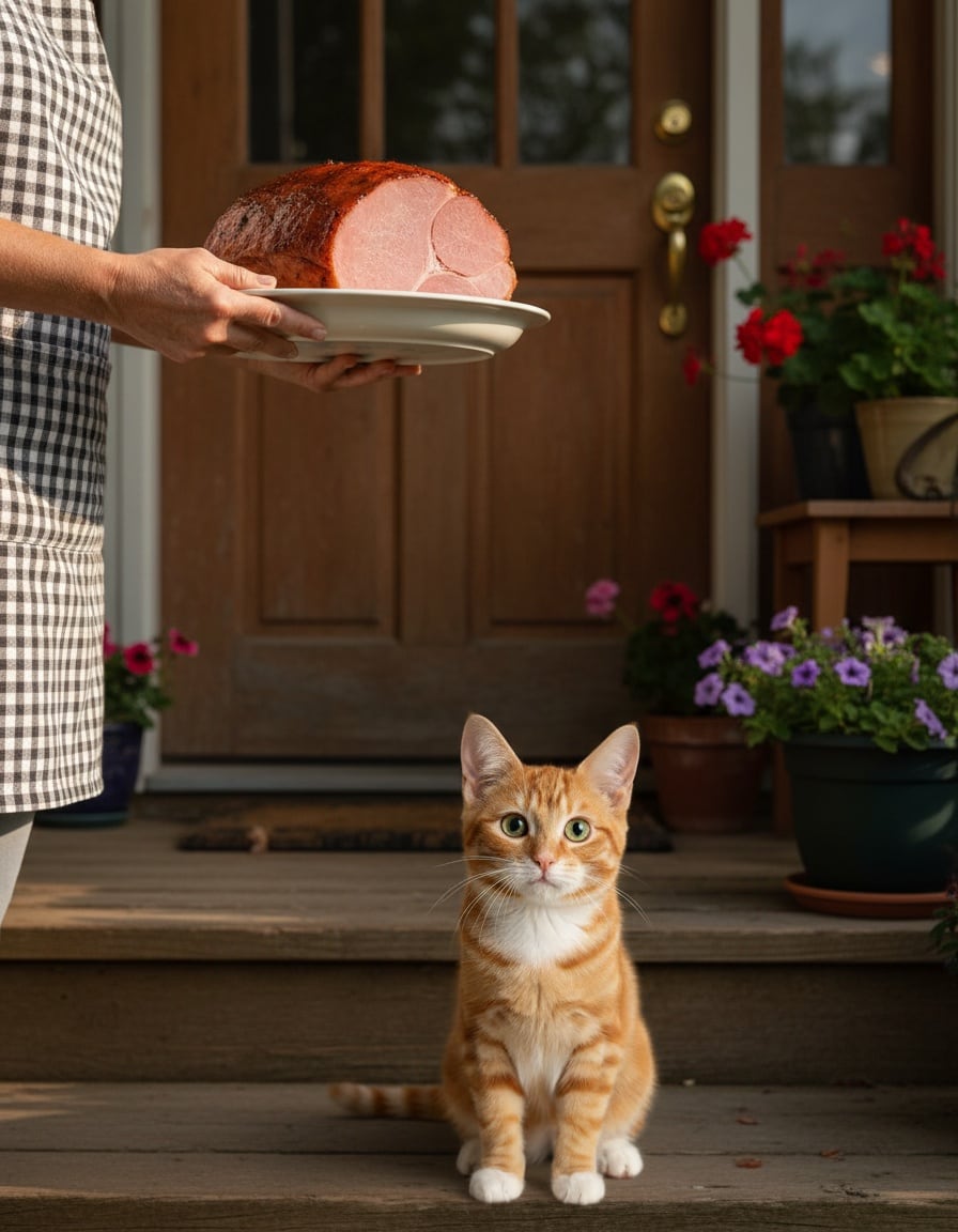 A ginger cat bows politely on a porch toward a big glazed ham being offered by a neighbor.