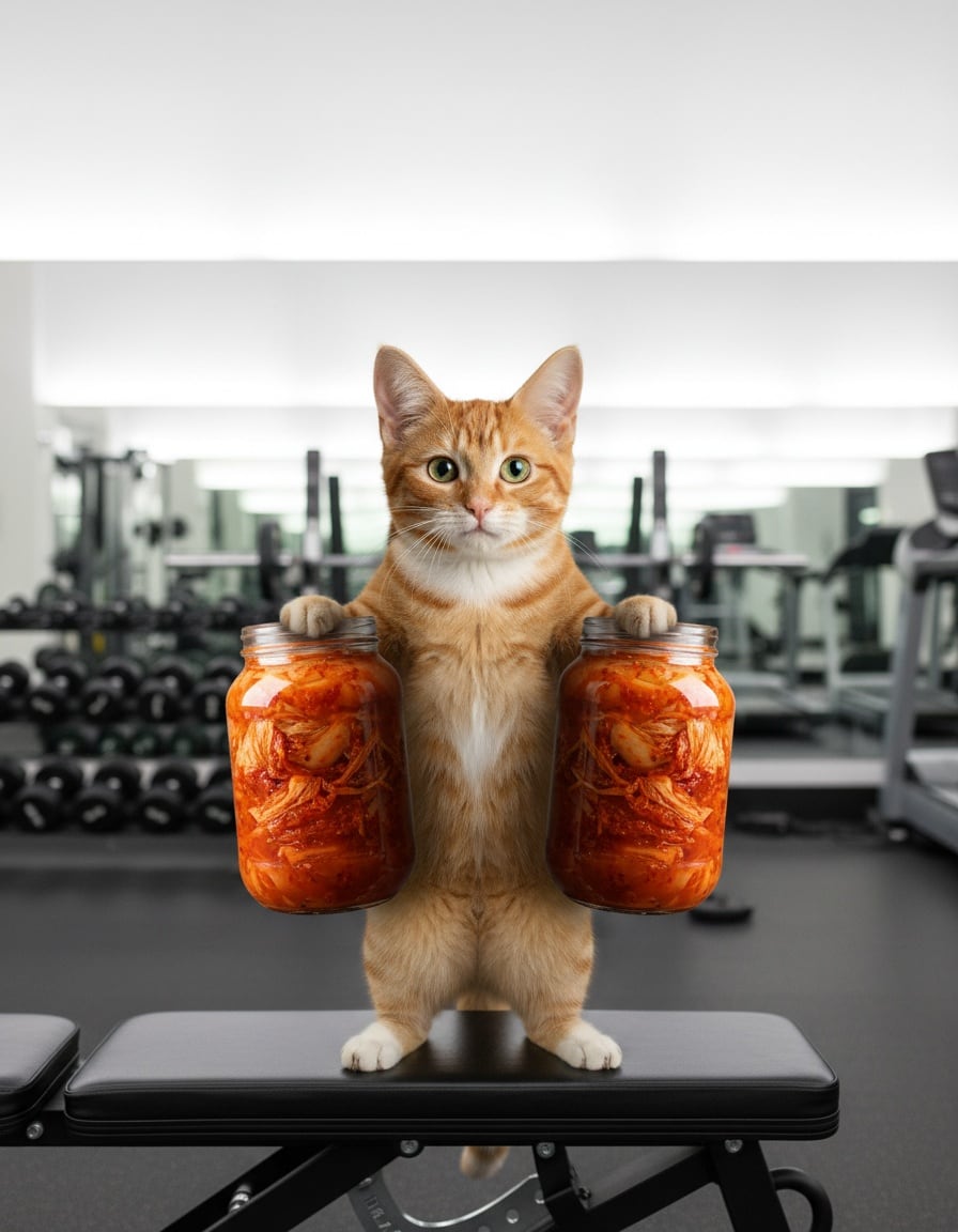 A ginger cat in a gym lifts two jars of red kimchi like dumbbells.