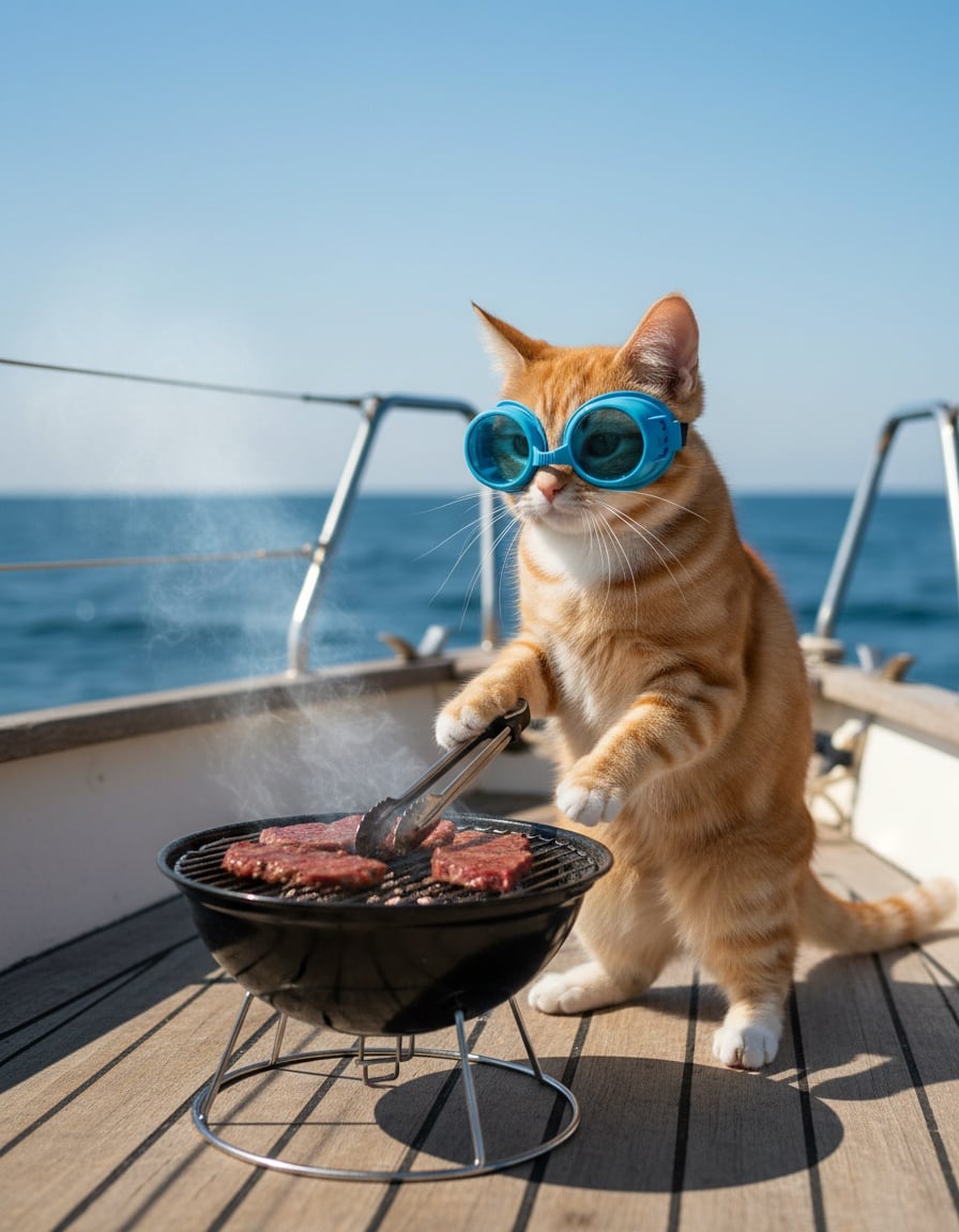 A ginger cat in swimming goggles grills meat on the deck of a boat.