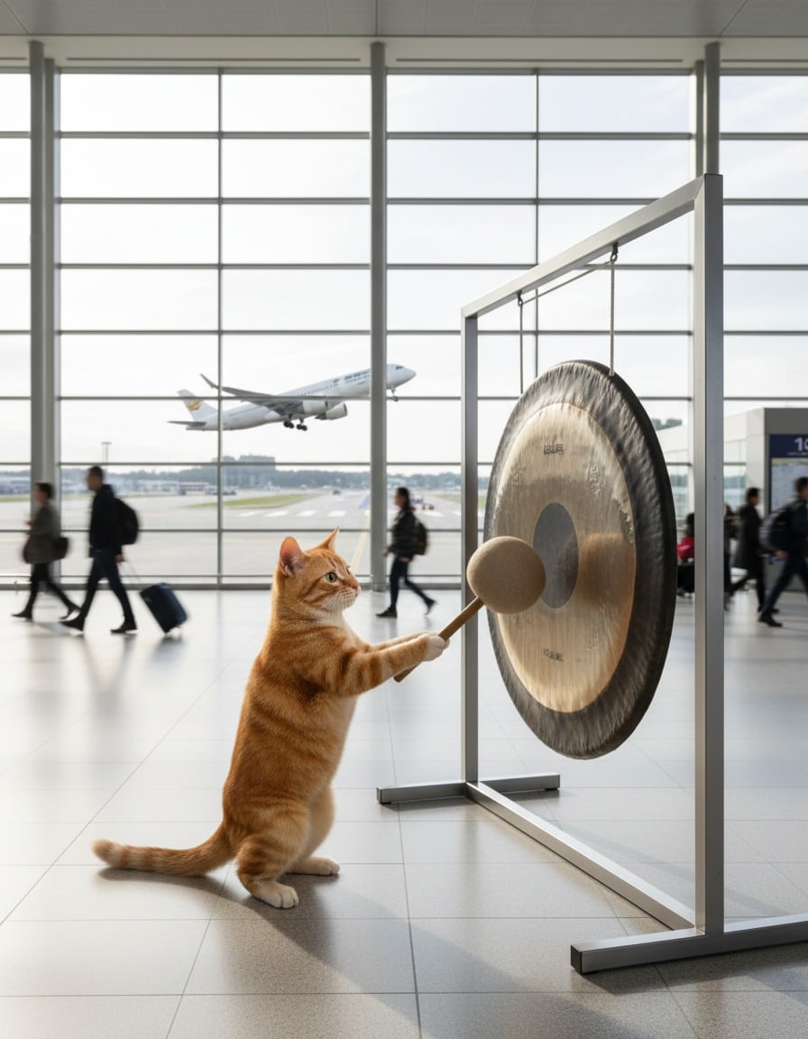 A ginger cat hits a large bronze gong inside an airport terminal while a plane takes off outside.